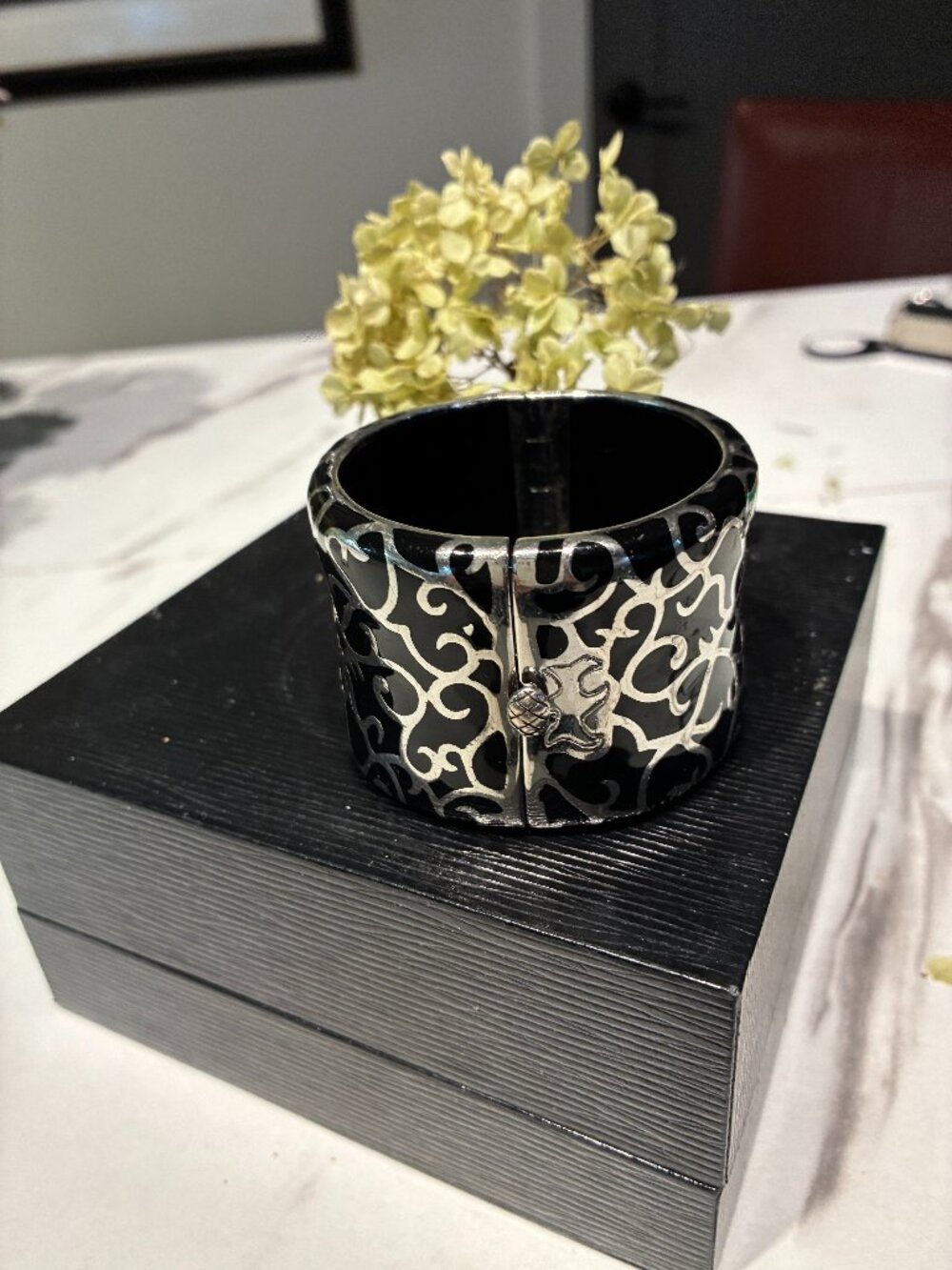VINTAGE ROCK STAR GLAM 2" Sterling Silver and Black Enamel Cuff Bracelet